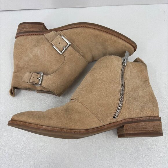 Michael Kors Suede Ankle Boots Size 6.5 Tan Leather Side Zip Block Heel Bootie - Picture 6 of 12
